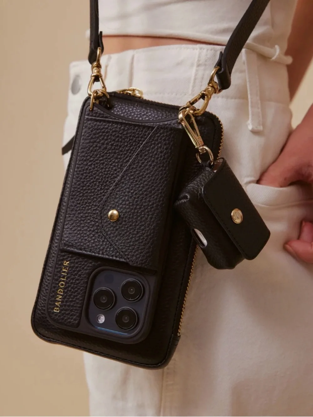 NWT Bandolier AirPods pouch clip on case black pebbled leather